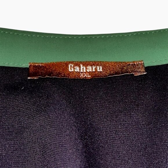 Gaharu Women's Navy/Green Retro Colorblock Faux Zip Pockets Roll Tab Blouse XXL - Picture 3 of 5